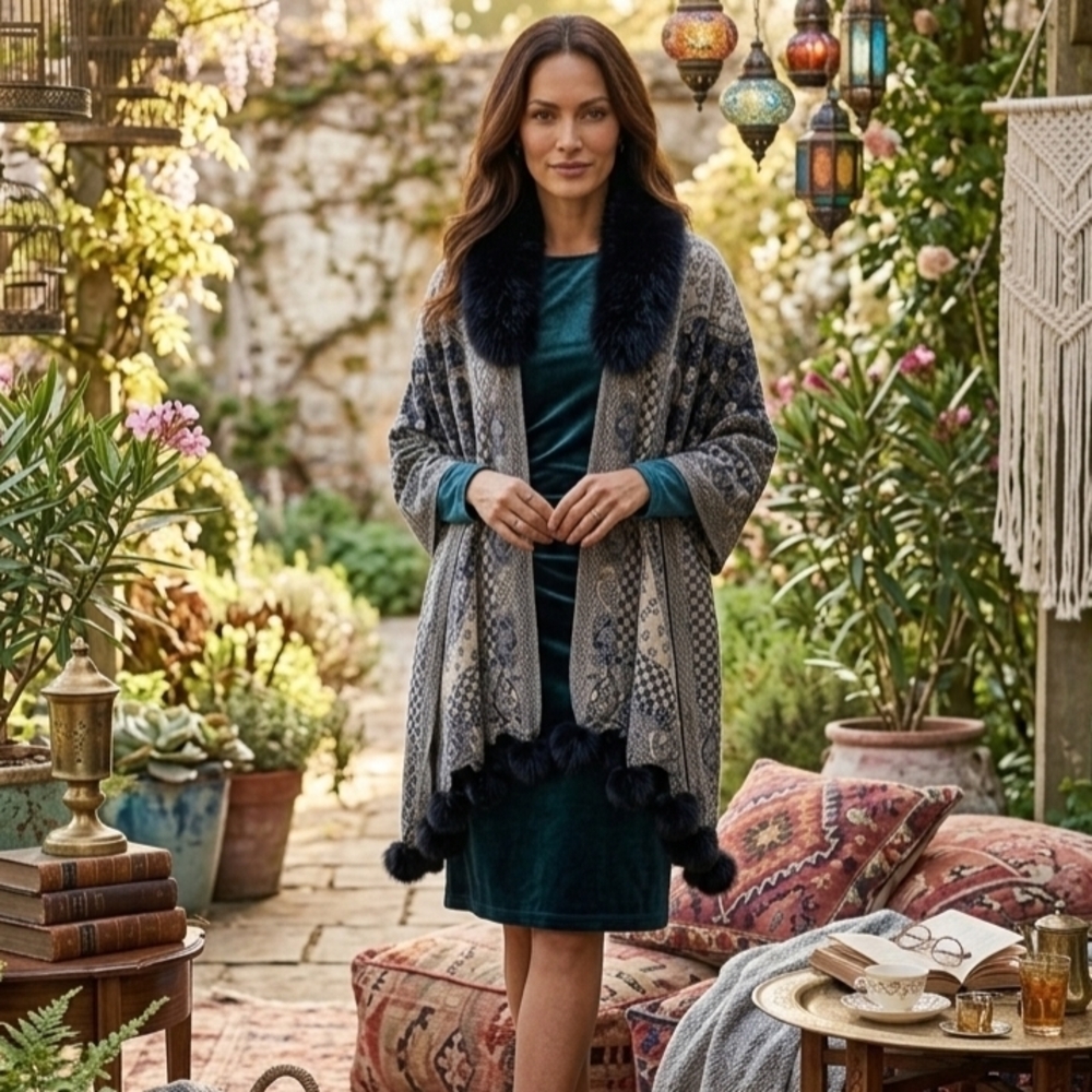 Kashmiri Wool Shawl - Embroidery Accent with Faux Fur at Collar